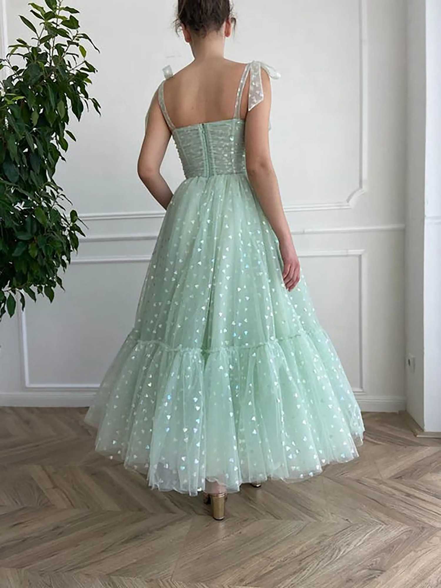 CloverBridal Mint Aline Fairy Glitter Tulle Ankle Length Cocktail Dress Sweetheart Bow Straps Birthday Gown with Pockets WC9740 240227