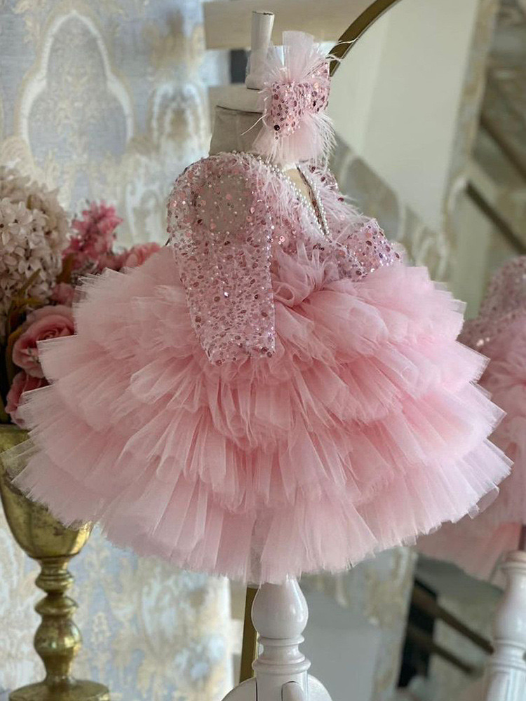 Long Sleeve Wer Dress New Wedding Cute Princess Ruched Little Girl Tutu Gowns Party Dresses For Girls Kids Formal Wear Elegant Birthday Gown 403 66603