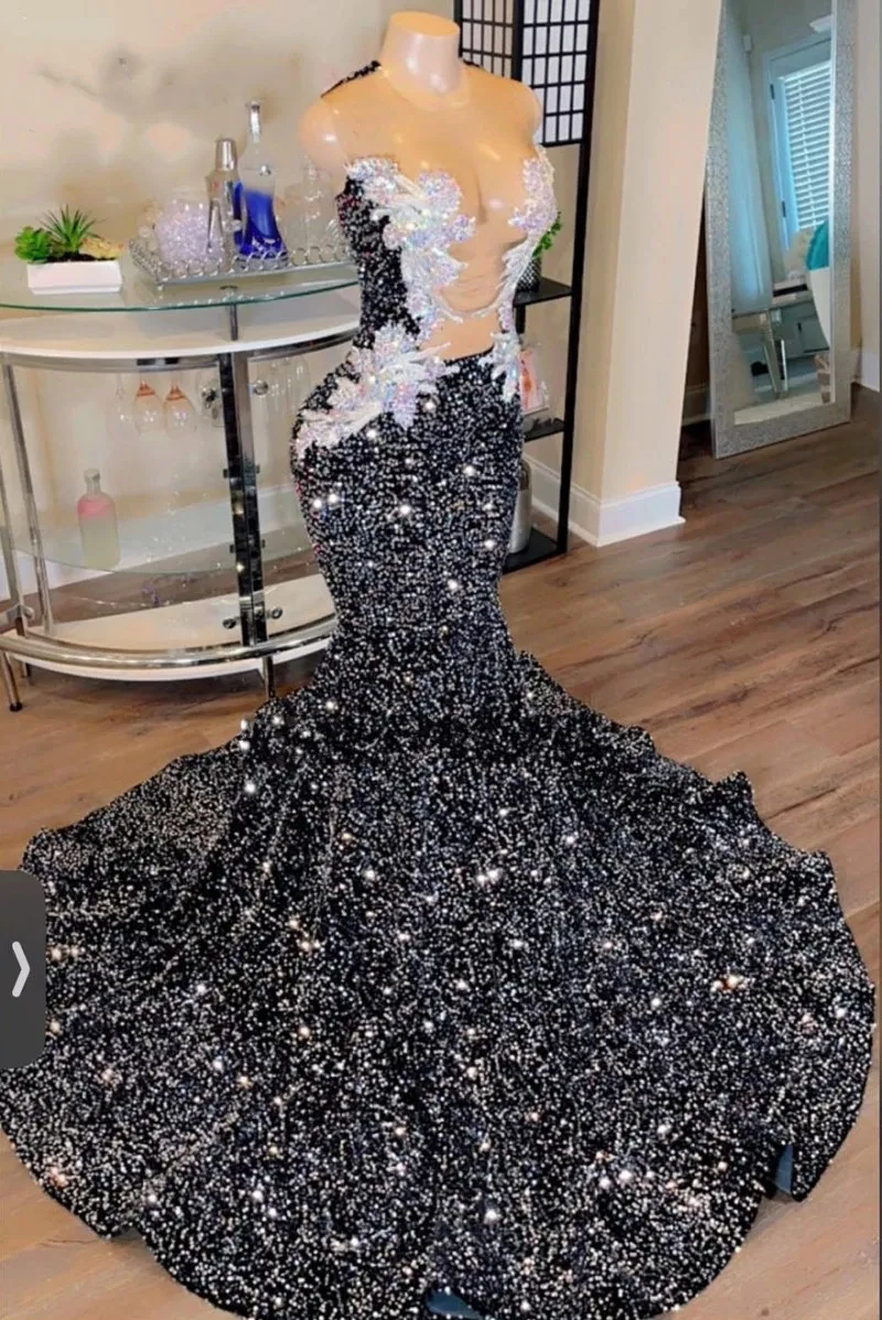 Sexy Black Sequins Mermaid Prom Dresses For Arabic Women 2024 Lace Applique Party Gowns Long Evening Dress Vestidos De Graduacion 0301