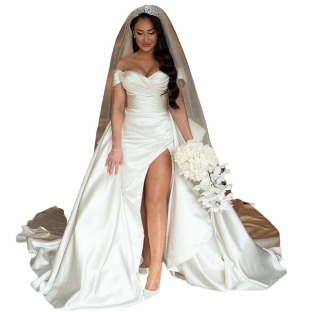 Line Vintage A Dresses Off Shoulder Satin Short Sleeves Overskirts Side Split Bridal Gowns Wedding Dress Detachable Train
