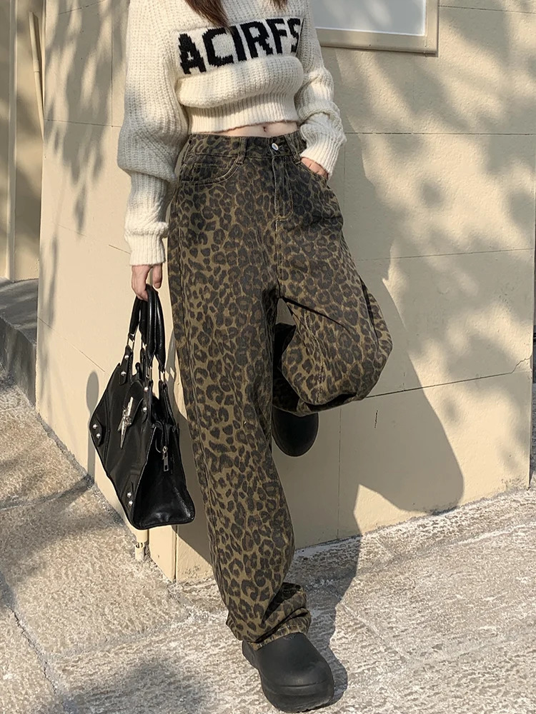Korean Leopard Print Y2k Jeans Women Casual High Waisted Baggy Wide Leg Denim Pants Fashion Streetwear Retro Straight 240227