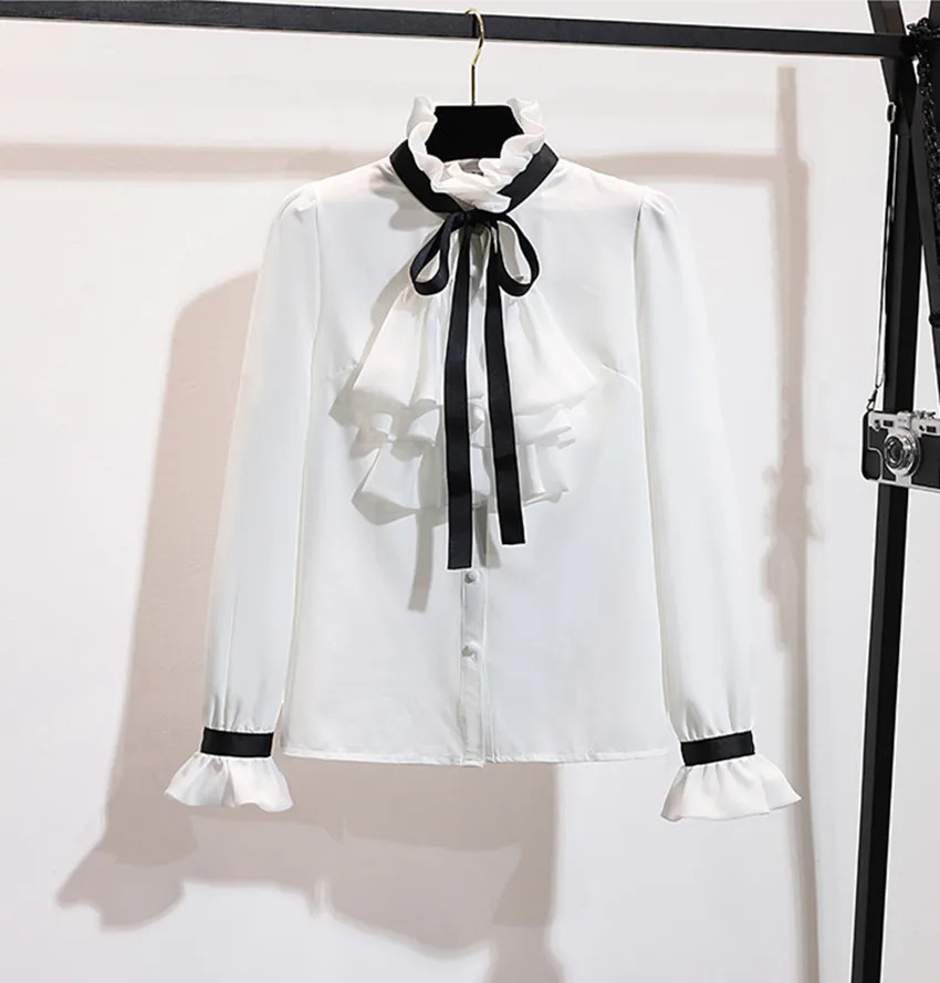 S-XXL Autumn Winter 2 Piece Set Dress Fashion Women Chiffon Ruffles Bow Shirt Double-breasted Plaid Tweed Dress Set 240223