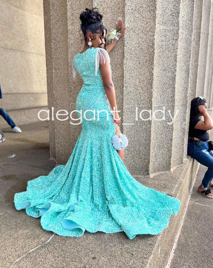 Mint Green Long Sparkly Prom Formal Dresses 2024 Luxury Diamond Crystal Velvet High Slit Evening Gowns vestidos de gala