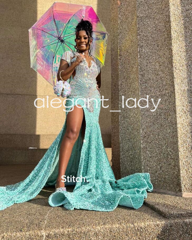 Mint Green Long Sparkly Prom Formal Dresses 2024 Luxury Diamond Crystal Velvet High Slit Evening Gowns vestidos de gala