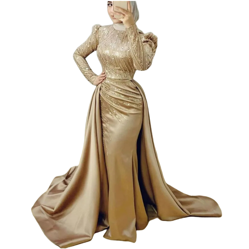 Elegant Sequins Beaded Muslim Evening Dresses Hijab Islamic Long Mermaid Formal Occasion Gowns For Women 2024 Detachable Train Long Sleeves Champagne 