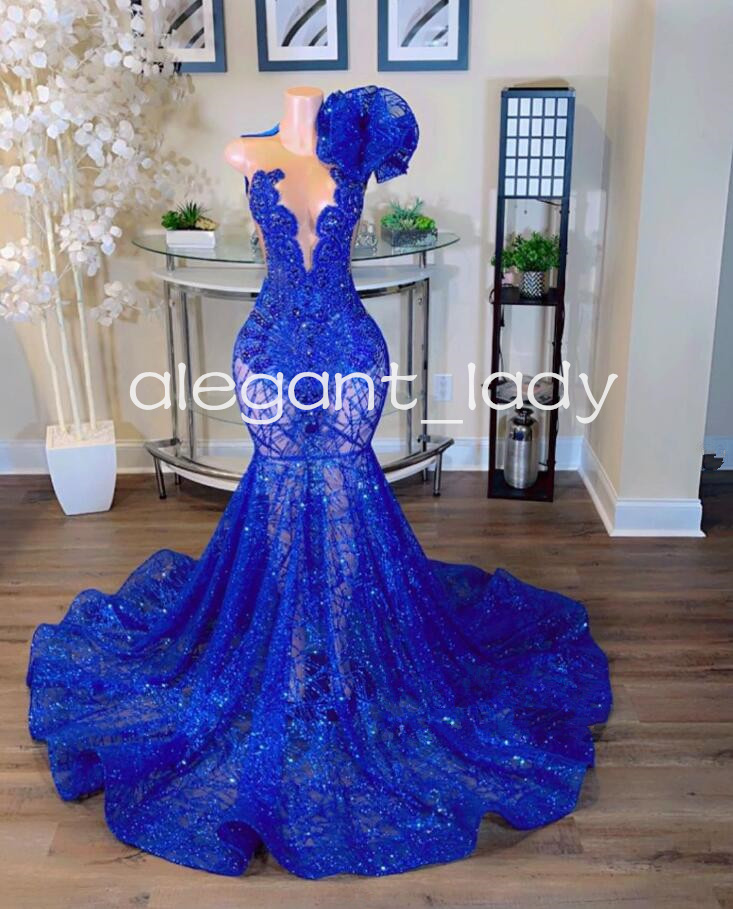 Royal Blue Long Mermaid Evening Formal Dresses fow Women 2024 Sparkly Diamond Crystal Gillter Prom Gala Gown Sheer Mesh
