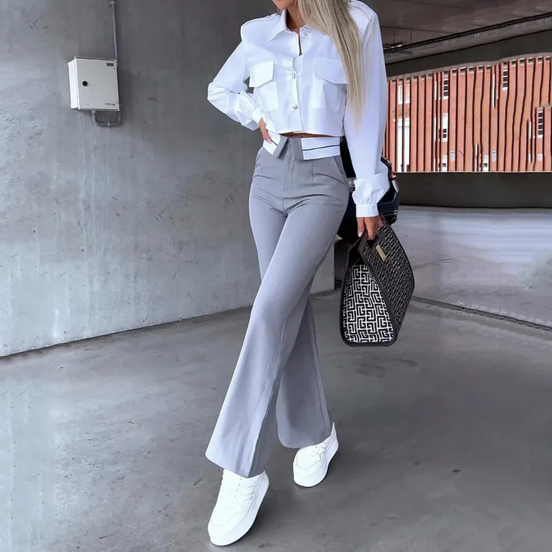 fall spring Women Two Piece Set Office Simple Solid Lapel Long Sleeve white Shirt Top gray Pants blazer elegant Y2K 240226wtt