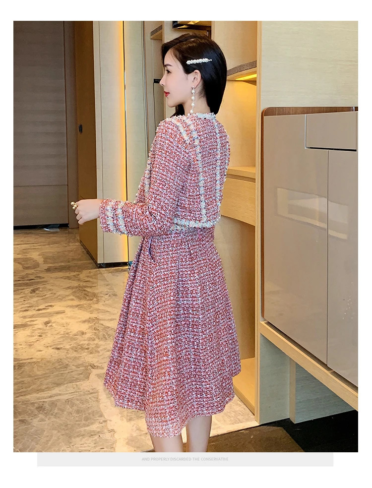 Women Elegant Pink Tweed Outfits Two Pieces Set Winter Ladies Beading Short JacketSleeveless Vest Dress Female 2 Piece Dress 240223