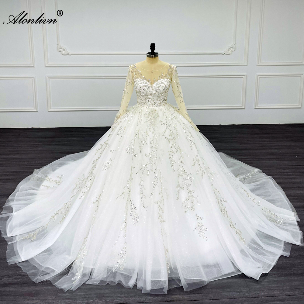 Alonlivn Luxury Full Sleeves Ball Gown Wedding Dress Beading Pearls Sequined lace Chapel Train Illusion Scoop Bridal Gowns Can Be Customized