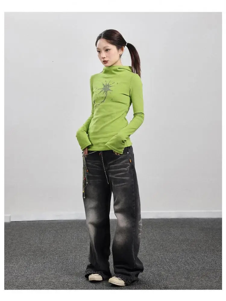 Tonngirls Gothic Print Graffiti T Shirt Women Turtleneck Long Sleeve Tee Tops Y2k Vintage Tops 2000s Japanese Streetwear Tshirts 240228