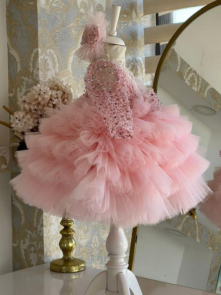 Long Sleeve Wer Dress New Wedding Cute Princess Ruched Little Girl Tutu Gowns Party Dresses For Girls Kids Formal Wear Elegant Birthday Gown 403 66603