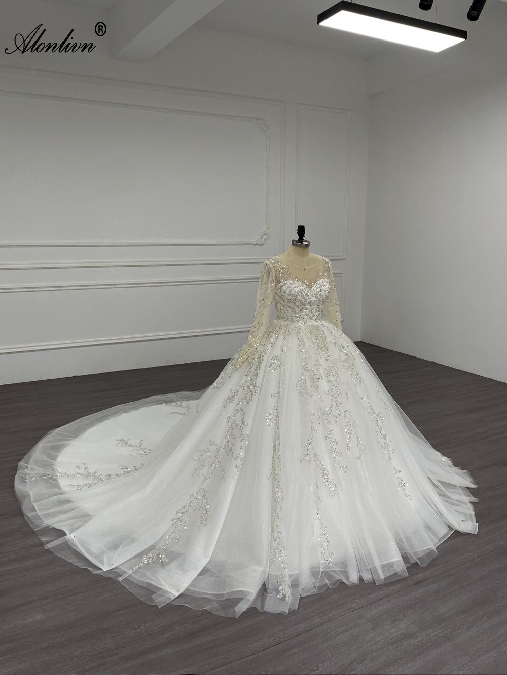 Alonlivn Luxury Full Sleeves Ball Gown Wedding Dress Beading Pearls Sequined lace Chapel Train Illusion Scoop Bridal Gowns Can Be Customized