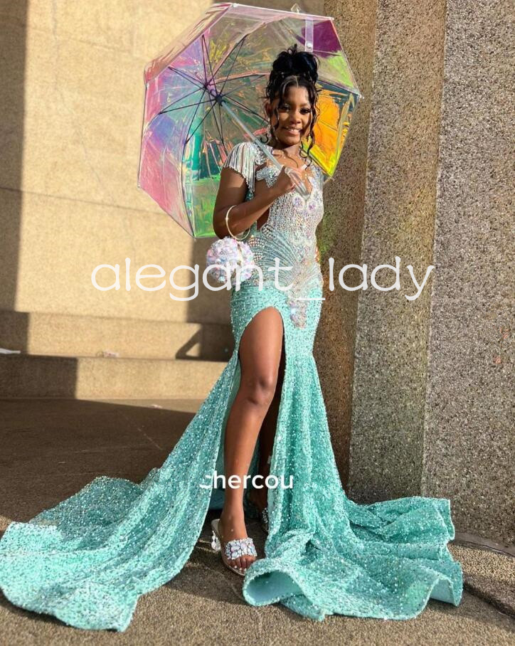 Mint Green Long Sparkly Prom Formal Dresses 2024 Luxury Diamond Crystal Velvet High Slit Evening Gowns vestidos de gala