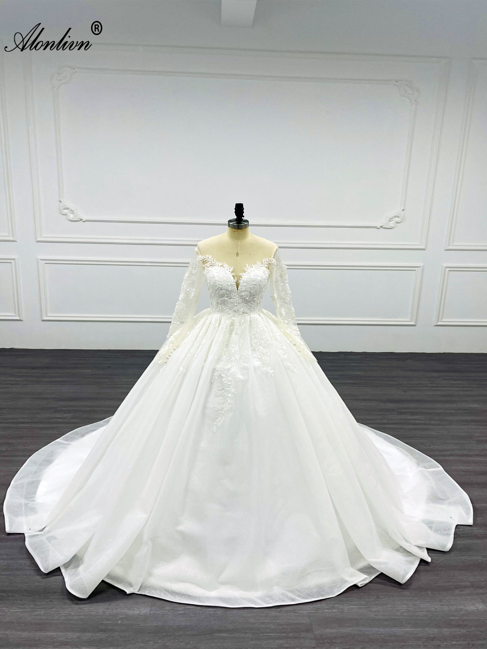 Alonlivn Chic Illusion V-Neck Full Sleeves Ball Gown Wedding Dress Beading Sequined shiny lace Court Train Bridal Gowns Can Be Customized