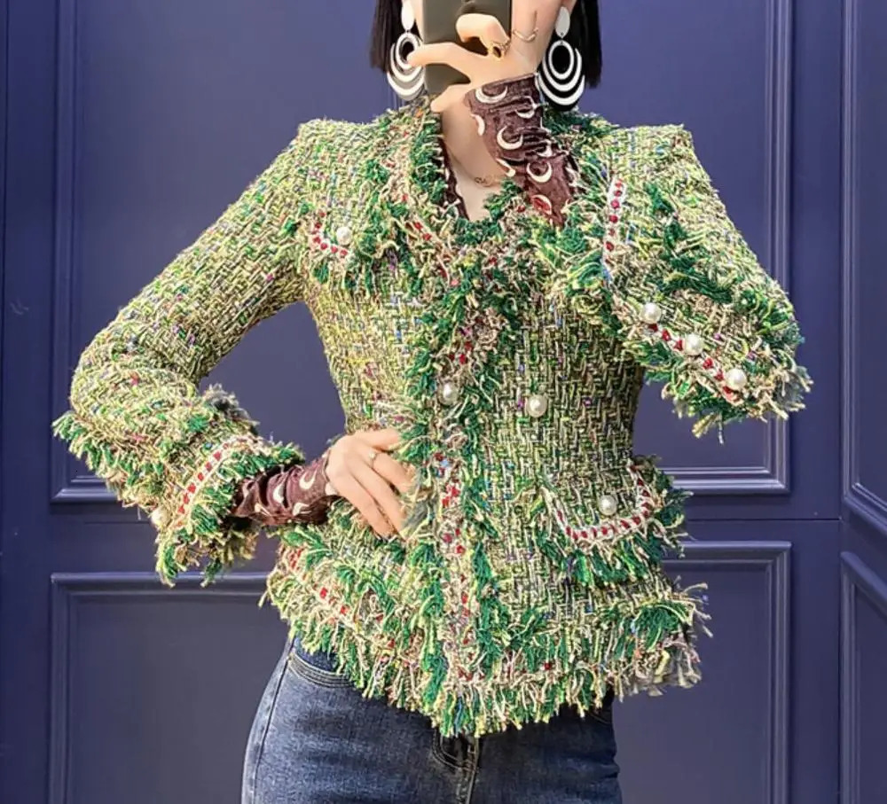 spring autumn small fragrance tweed blazers women fashion ladies vneck OL plaid suit jacket 240226