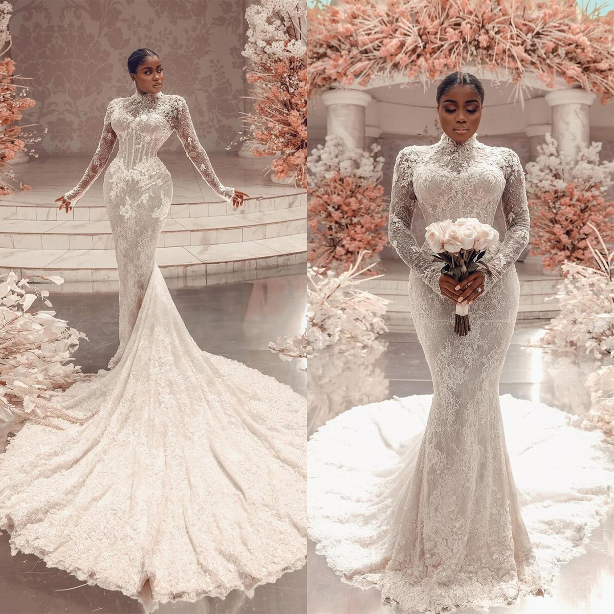 Graceful Lace Mermaid Wedding Dress High Neck Bridal Gowns Long Sleeve Sweep Train Bride Dresses Custom Made Vestido de novia