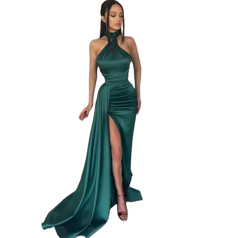 Sexy Sheath Long Evening Dresses Beaded halter Neck Peplum Side Split Charming Hunter Green Satin Prom Dress Simple Sleeveless Special Occasion Gowns