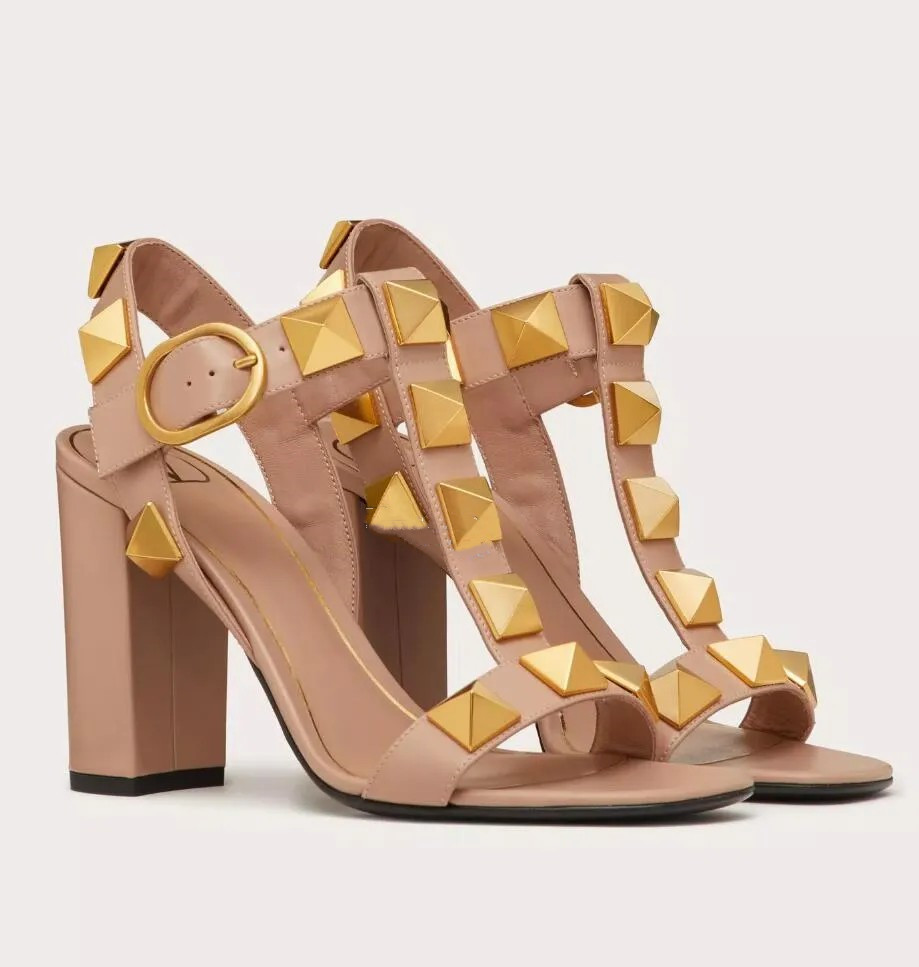 Italy Design Women Roman Stud Sandals Shoes Nappa Leather Lady Maxi Rivets Chunky Heels Gladiator Sandalias Casual Walking EU35-43