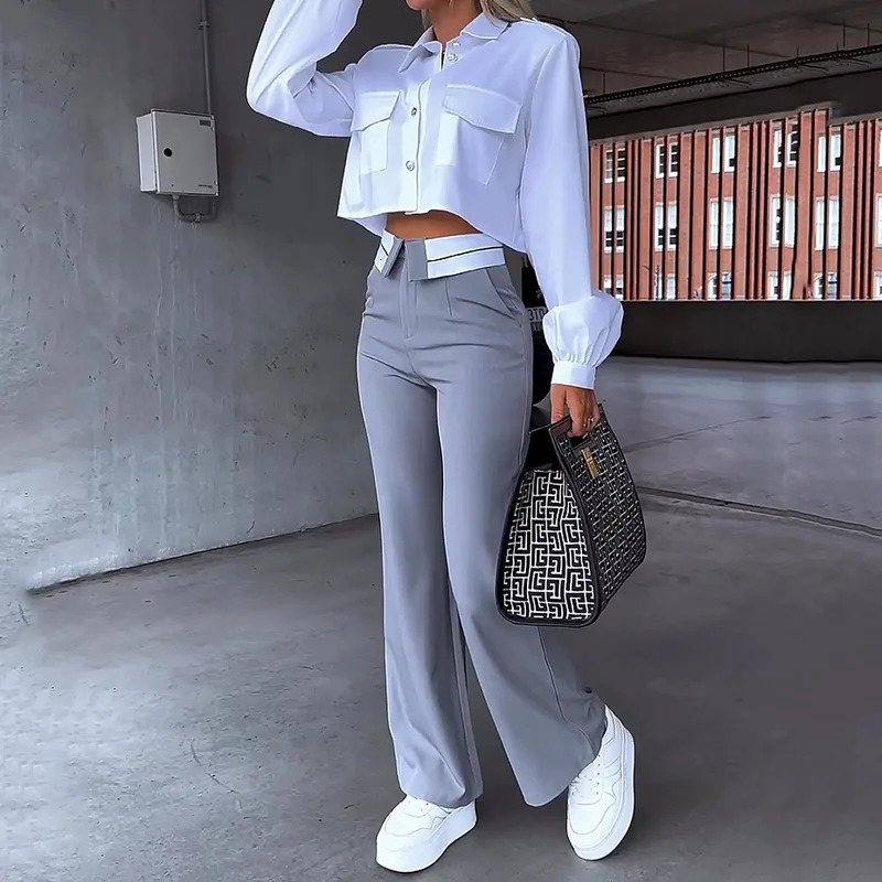 fall spring Women Two Piece Set Office Simple Solid Lapel Long Sleeve white Shirt Top gray Pants blazer elegant Y2K 240226wtt