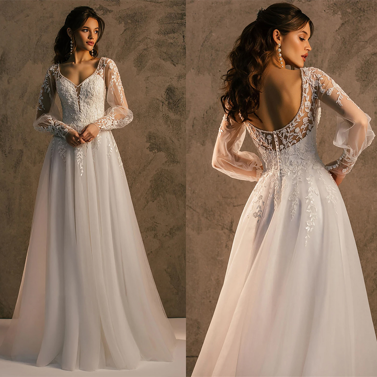 A e Wedding Dress: Lace Appliques Long Sleeves Backless Bridal Gown