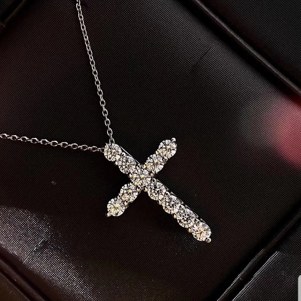 Rulalei 2024 Top Sell Cross Pendant Luxury Jewelry 925 Sterling Silver Round Cut White Topaz CZ Diamond Gemstones Party Women Clavicle Necklace Gift