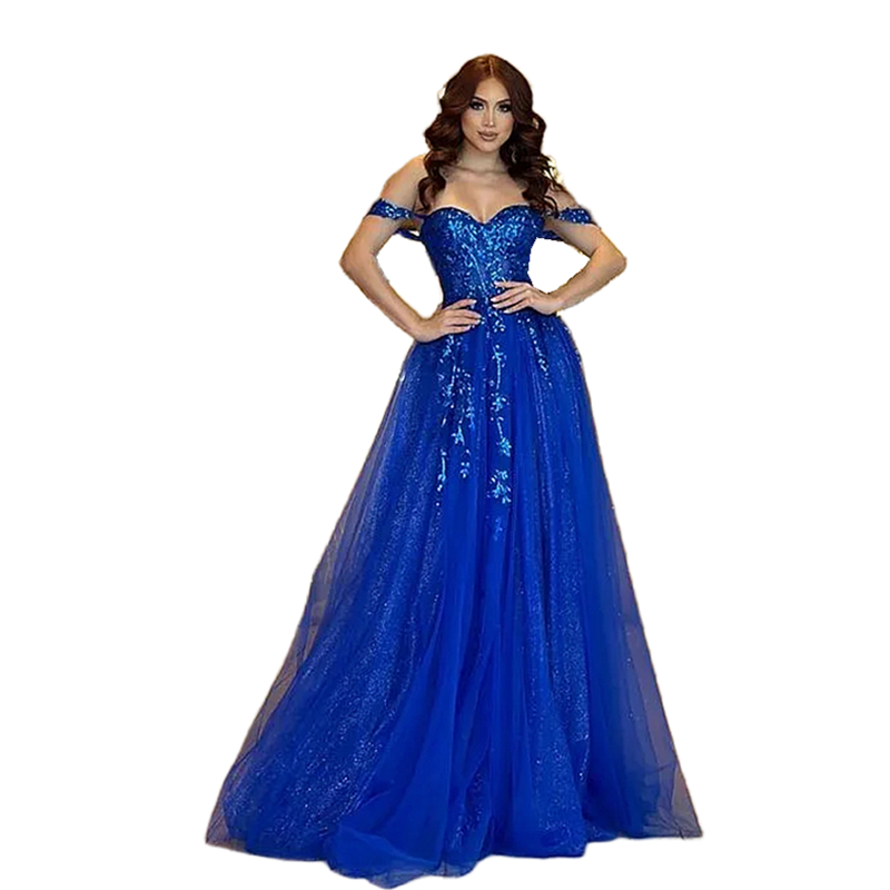 Sexy Side Slit Royal Blue Prom Dresses Off The Shoulder Lace Appliques Sequined Floor Length Birthday Party Gowns Long Evening Special Occasion Dress 