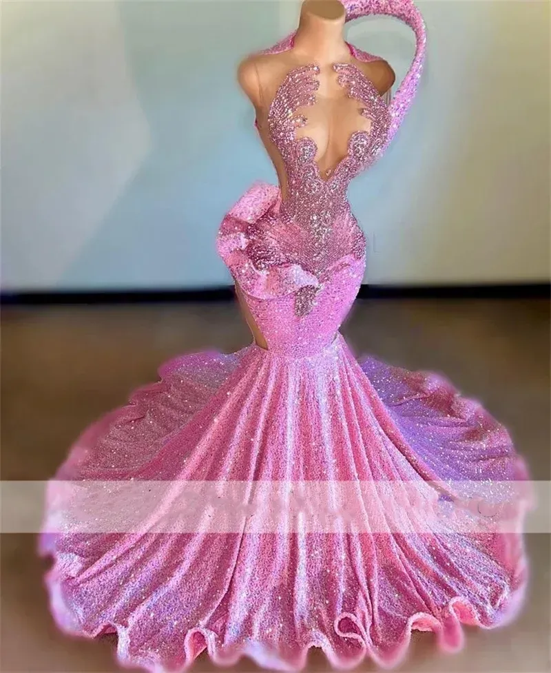 Sexy Diamonds Long Pink Prom Dresses for Black Girl Sparkly Beads Crystals Rhinestones Birthday Party Gowns Robe De Bal
