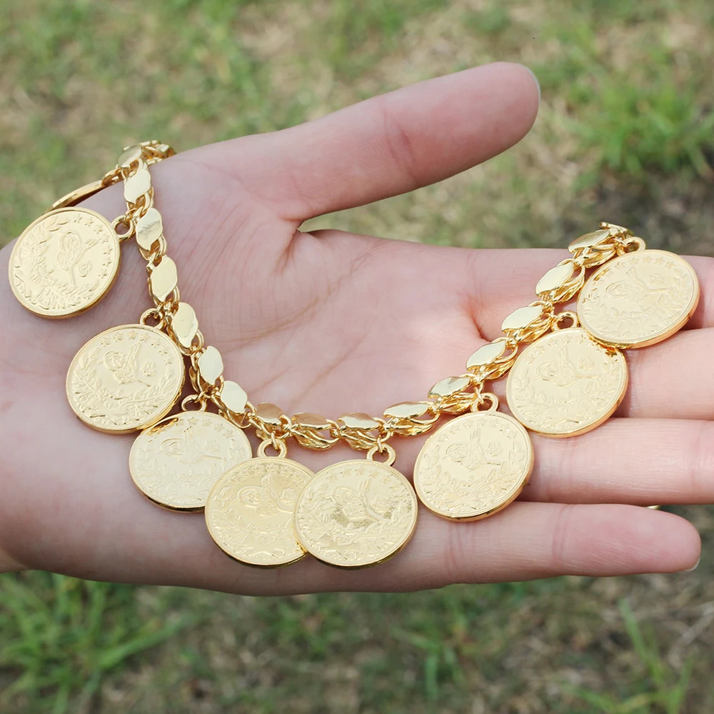 Punk Personality Gold Plated Portrait Coins Bracelet Bangle for Women Round Pendant Carved Turkish Flower Jewelry Accessories 240219