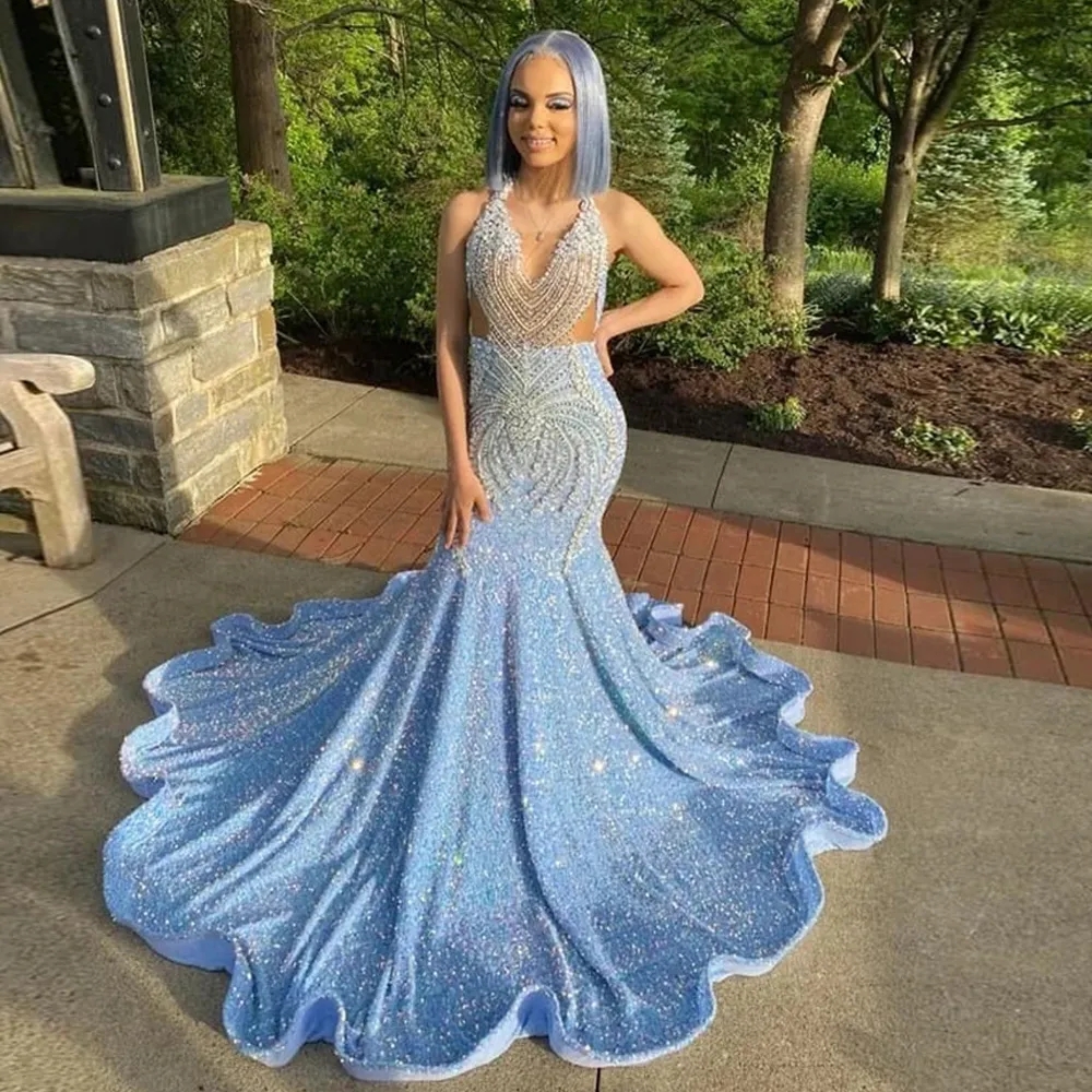 Sparking Blue Sequins Mermaid Black Girls Prom Dresses Beadings Crystals Spaghetti Straps Long Party Gowns Vestidos 0220