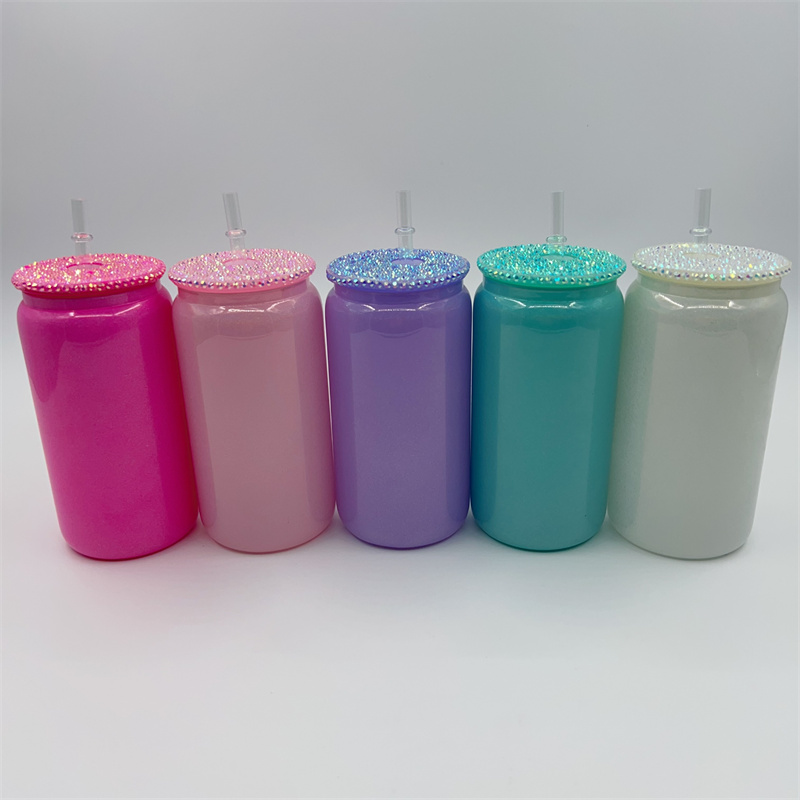 16oz Glitter Sublimation Glass Cups With Diamond Lids Shimmer Rainbow Mason Tumbler Juice Jar Iced Beverage Drinking Beer Soda Can Glasses Cup Coffee Mugs With Straw