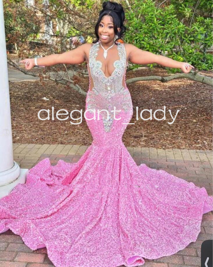 Rose Pink Sparkly Trumpet Evening Formal Dresses Luxury Diamond Beaded Velvet Sheer Mesh Black Girl Prom Birthday Dress