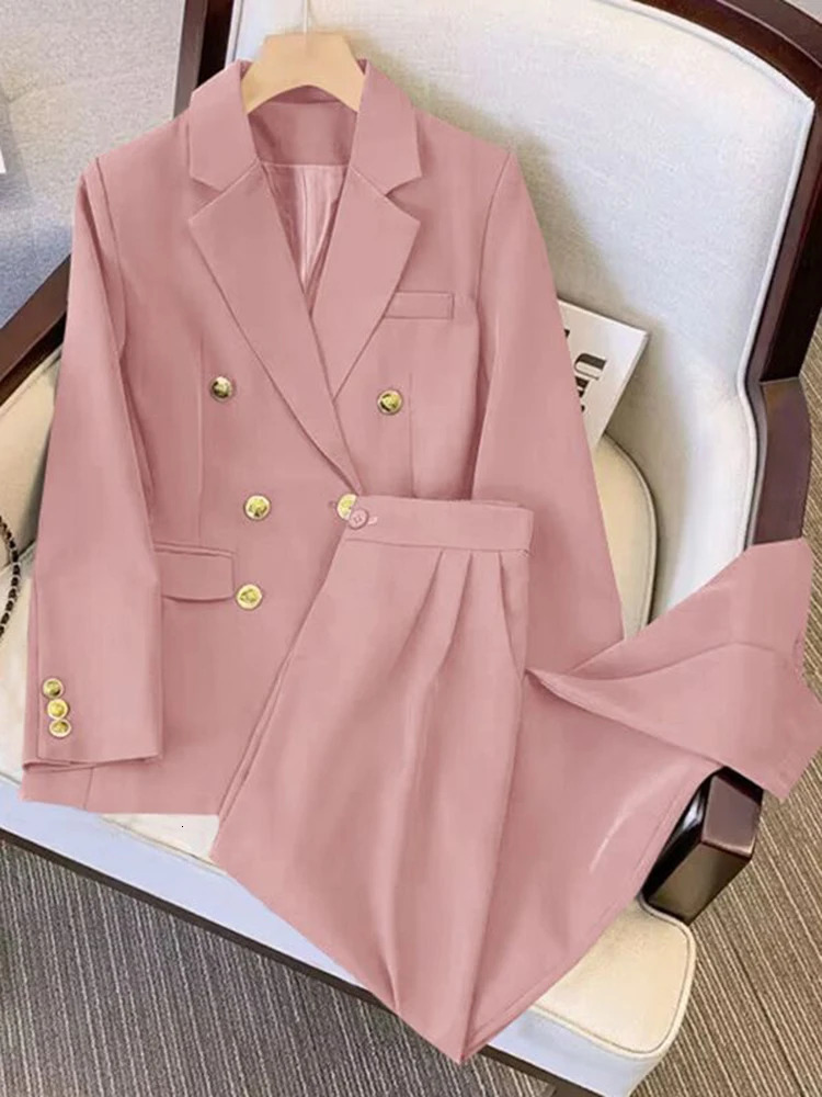 Khaki Office Double Breasted Suits Sets Women Korean Long Sleeve Blazer Jackets Conjunto Ol High Waist Straight Pants Outfit 240226wtt