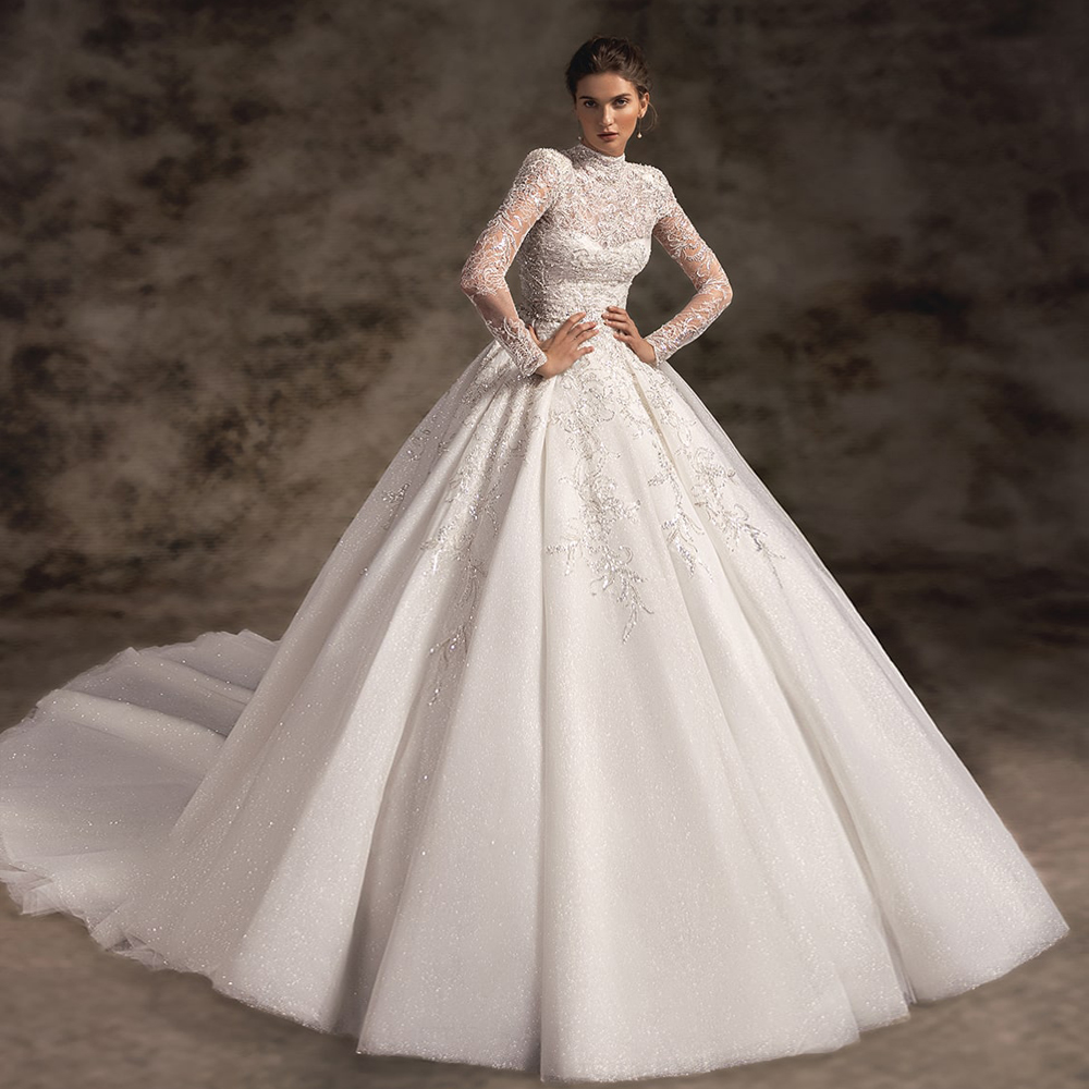 Elegant Sweetheart A-e Wedding Dress Beading Appliques Shiny lace Bridal Gowns With Removable Full Sleeves Jecket Can Be Customized