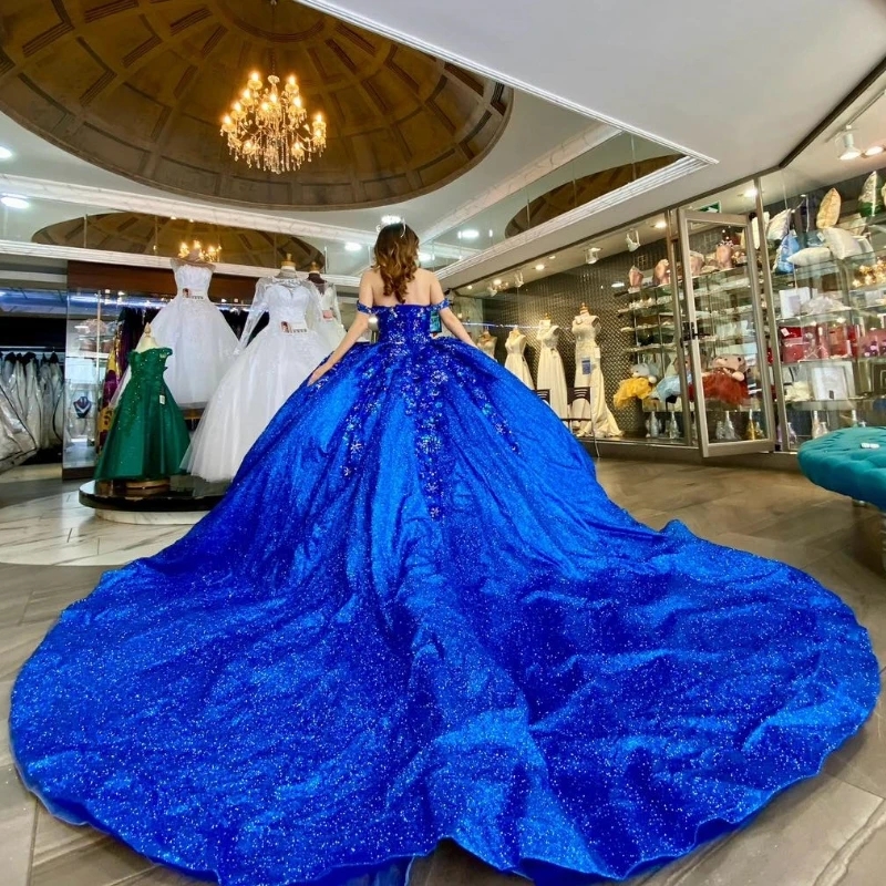 Blue Glitter Crystal Sequined Ball Gown Quinceanera Dresses Off The Shoulder Applique Lace Beading Corset Vestidos De 15 Anos 2024 0431