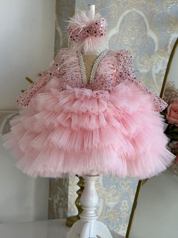Long Sleeve Wer Dress New Wedding Cute Princess Ruched Little Girl Tutu Gowns Party Dresses For Girls Kids Formal Wear Elegant Birthday Gown 403 66603