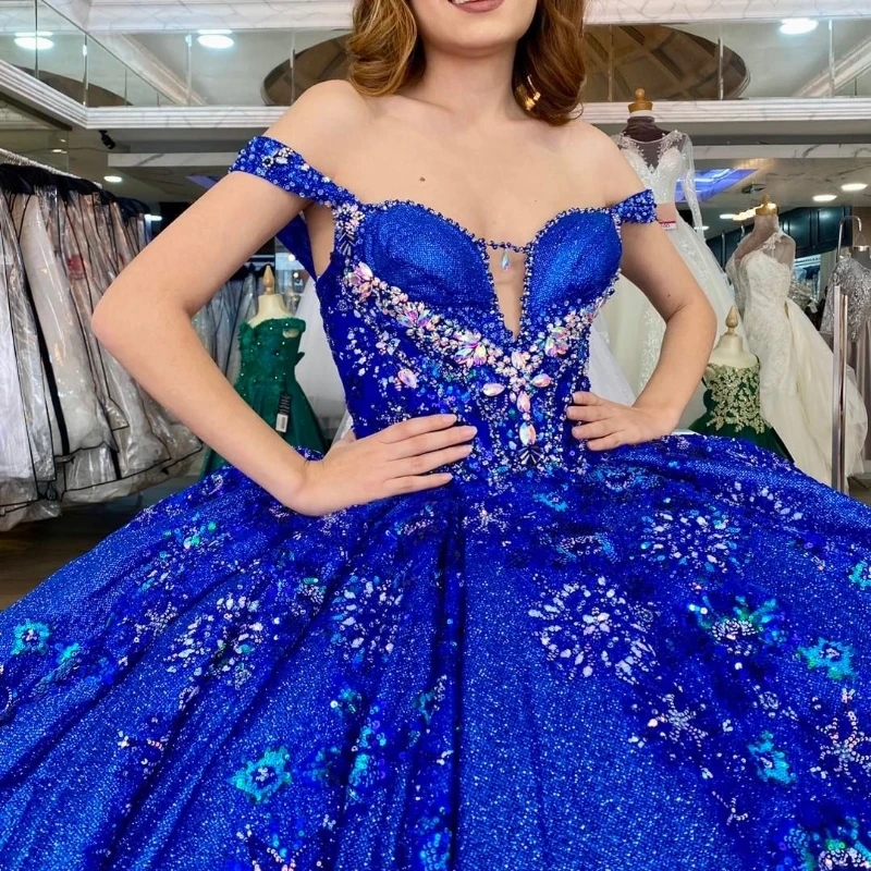 Blue Glitter Crystal Sequined Ball Gown Quinceanera Dresses Off The Shoulder Applique Lace Beading Corset Vestidos De 15 Anos 2024 0431