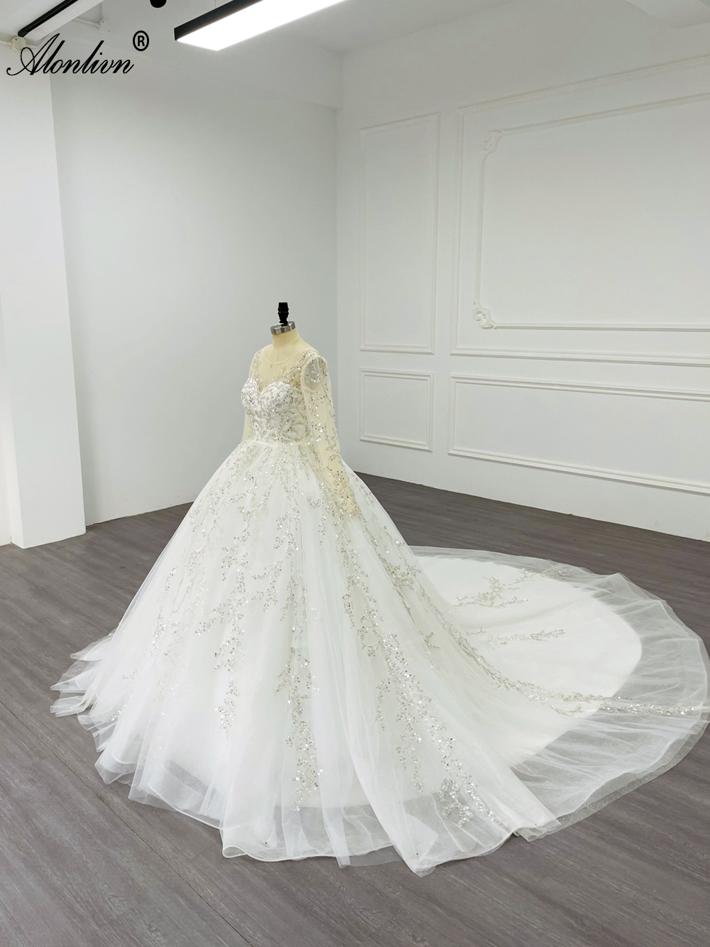 Alonlivn Luxury Full Sleeves Ball Gown Wedding Dress Beading Pearls Sequined lace Chapel Train Illusion Scoop Bridal Gowns Can Be Customized