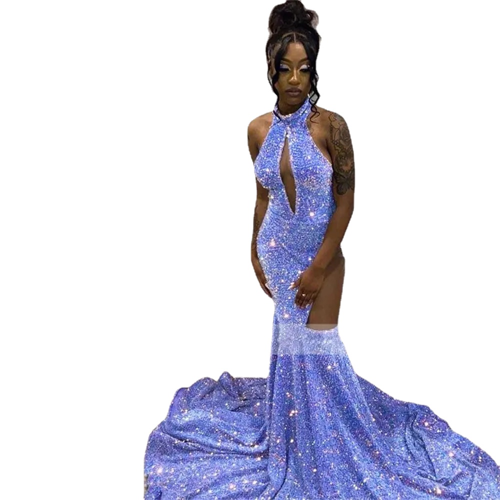 Sparkle Purple Sequins Prom Dresses 2024 Mermaid Halter Keyhole Neck Side See Through Pageant Gown Black Girls Evening Graduation Dress