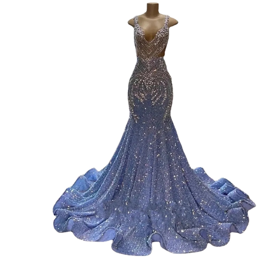 Sparking Blue Sequins Mermaid Black Girls Prom Dresses Beadings Crystals Spaghetti Straps Long Party Gowns Vestidos 0220