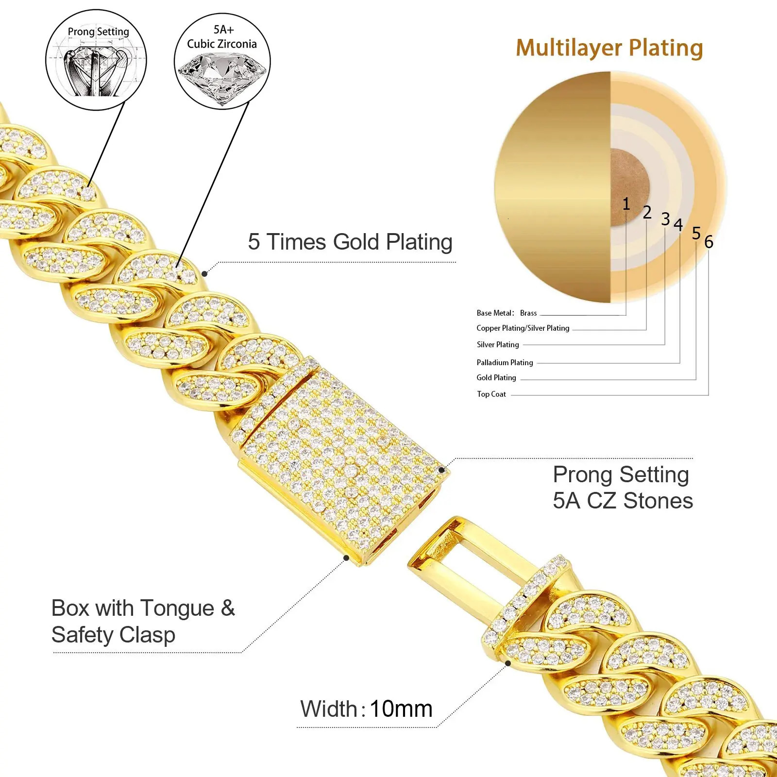 10mm CZ Stone cuban link chain Silver Gold Plated Iced Out Miami Cuban Chain Necklace for Men Women 240226
