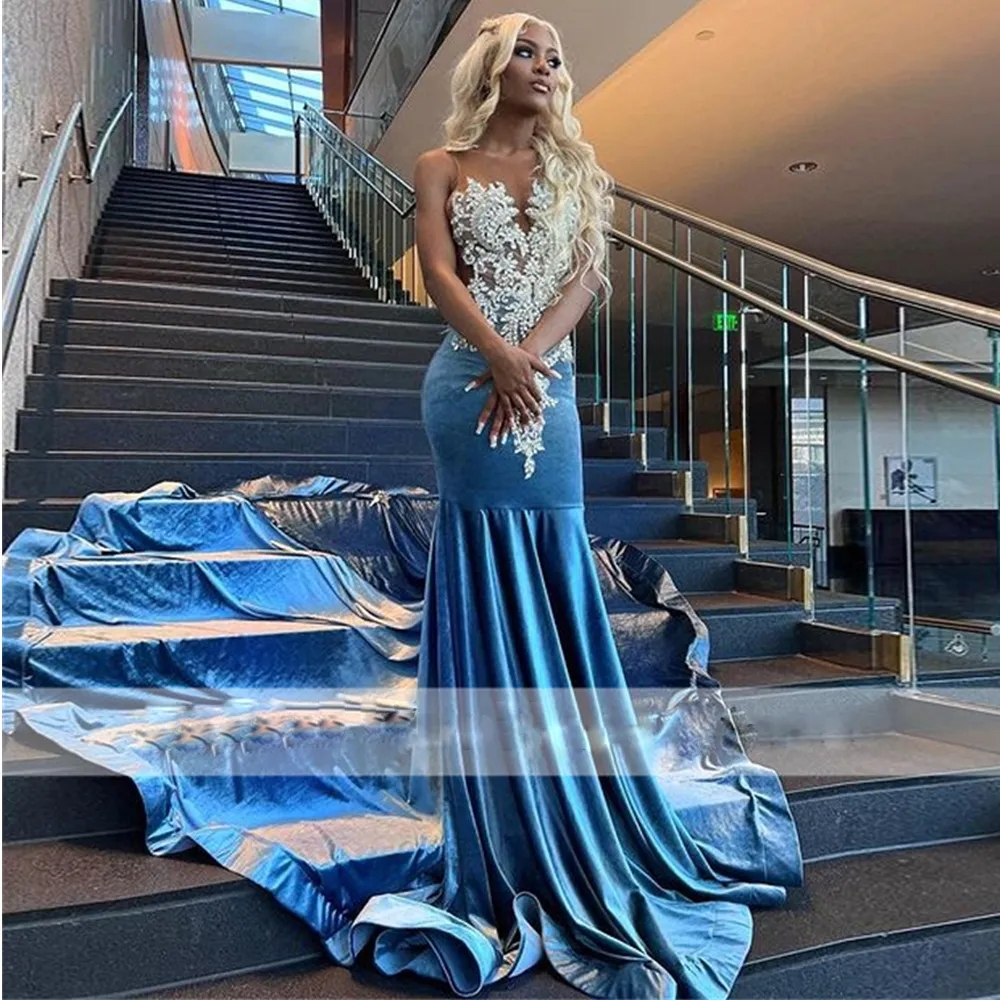 Sexy Velvet Blue Mermaid Prom Dresses Appliques Sheer Neck Evening Gown 2024 Long Train Black Girls Graduation Party Vestidos