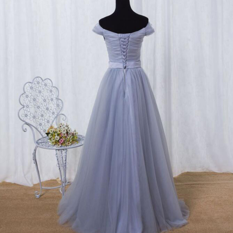 Smoky Gray Bridesmaid Dresses Off Shoulder Lace-up Back Pleats Tulle Wedding Party Dresses Burgundy,Royal Blue,Lavender evening gowns Cheap