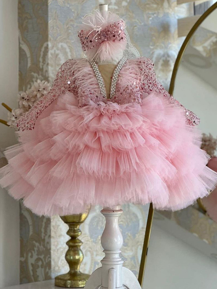 Long Sleeve Wer Dress New Wedding Cute Princess Ruched Little Girl Tutu Gowns Party Dresses For Girls Kids Formal Wear Elegant Birthday Gown 403 66603