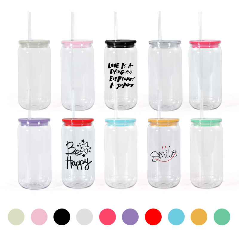 16oz Acrylic Libbey Plastic can with Straw for Vinyl UV DTF sticker Summer Drinkware Mason Jar Juice Cup
