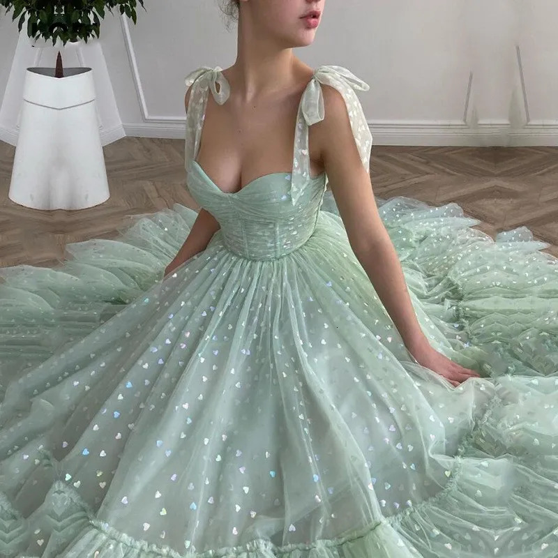 CloverBridal Mint Aline Fairy Glitter Tulle Ankle Length Cocktail Dress Sweetheart Bow Straps Birthday Gown with Pockets WC9740 240227
