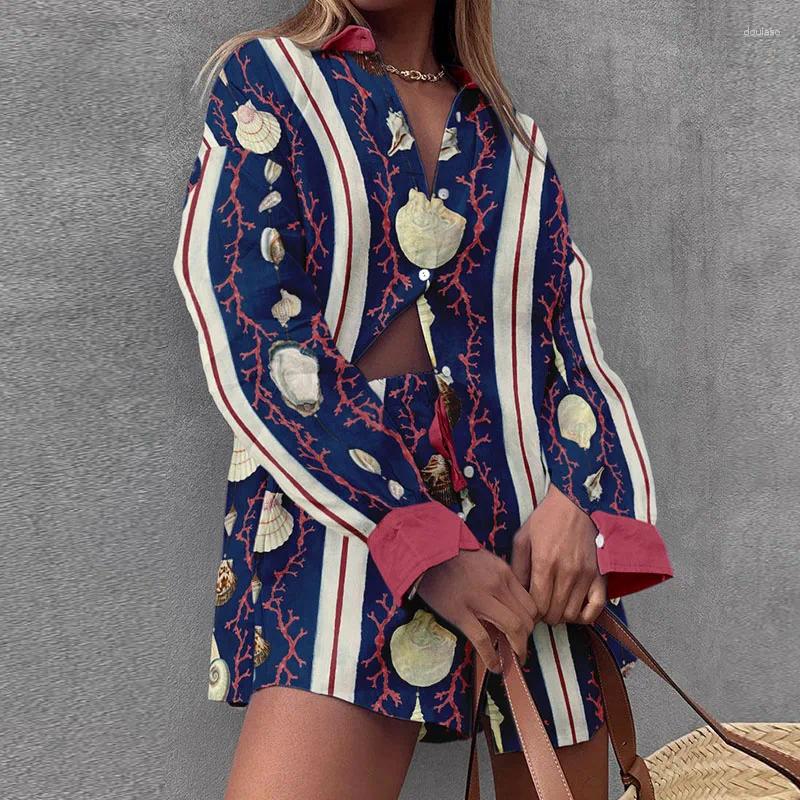 Women's Tracksuits 2024 Spring Summer Loose Long Sleeved Shirt Set Fashion Pattern Printed Beach Shorts Suits Hawaii Vacation Casual Women