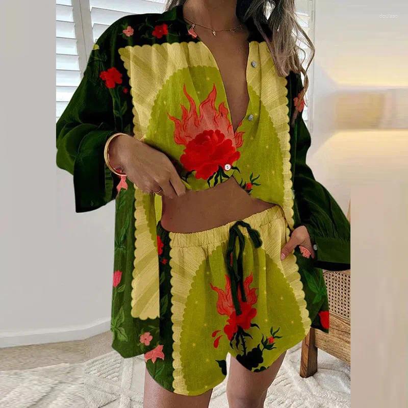 Women's Tracksuits 2024 Spring Summer Loose Long Sleeved Shirt Set Fashion Pattern Printed Beach Shorts Suits Hawaii Vacation Casual Women