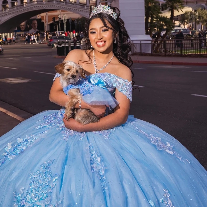 Sky Blue Shiny Quinceanera Dress Off The Shoulder Ball Gown Appliques Lace Beading Tull Mexico Sweet 16 Vestido 15 De XV Anos 2024 322
