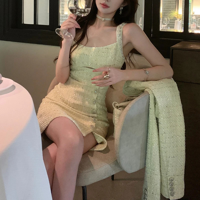 Embellished Cropped Women Tweed Blazer French Style Hollow Suspenders Mini Dress Cropped Jacket Autumn in Two Pieces Set 240223