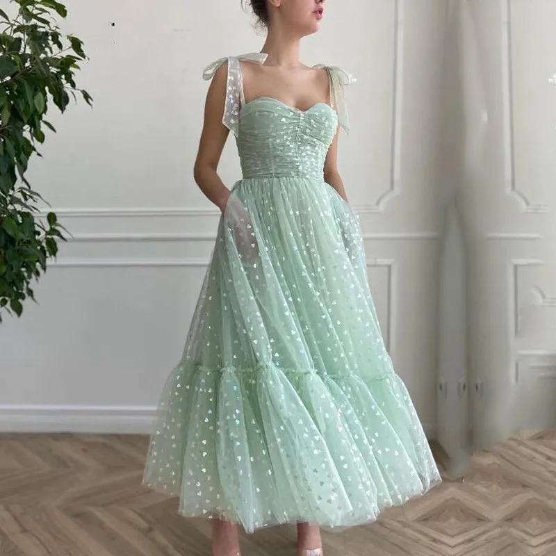 CloverBridal Mint Aline Fairy Glitter Tulle Ankle Length Cocktail Dress Sweetheart Bow Straps Birthday Gown with Pockets WC9740 240227